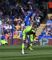 4th May 2024; King Power Stadium, Leicester, England; EFL Championship Football, Leicester City versus Blackburn Rovers; Abdul Fatawu of Leicester collides with Sammie Szmodics of