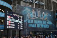 4th May 2024; Etihad Stadium, Manchester, England; Premier League Football, Manchester City versus Wolverhampton Wanderers; a large screen showing Manchester Cityâs second place in the Premier League overlooking the main entrance to the