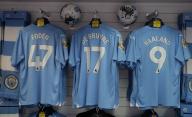 4th May 2024; Etihad Stadium, Manchester, England; Premier League Football, Manchester City versus Wolverhampton Wanderers; replica shirts of Phil Foden, Kevin de Bruyne and Erling Haaland of Manchester City on sale in the club store