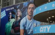 4th May 2024; Etihad Stadium, Manchester, England; Premier League Football, Manchester City versus Wolverhampton Wanderers; a giant hoarding with images of Manchester City players on the outside of the stadium
