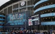 4th May 2024; Etihad Stadium, Manchester, England; Premier League Football, Manchester City versus Wolverhampton Wanderers; a large screen showing Manchester Cityâs second place in the Premier League overlooking the main entrance to the