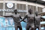 4th May 2024; Etihad Stadium, Manchester, England; Premier League Football, Manchester City versus Wolverhampton Wanderers; the statue of former Manchester City legends Colin Bell, Francis Lee and Mike Summerbee