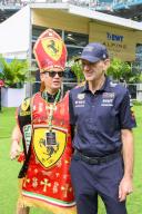 4th May 2024; Miami International Autodrome, Miami, Florida, USA; Formula 1 Crypto.com Miami Grand Prix 2024; Qualifying Day; Red Bull engineer and Chief Technical Officer Adrian Newey poses with Papa Ferrari in the Team Village