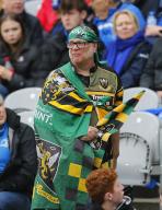 4th May 2024; Croke Park, Dublin, Ireland; Investec Champions Cup Rugby, Leinster versus Northampton Saints; A Northampton Saints supporter draped in this flag