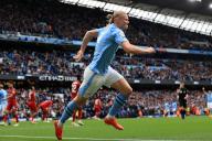 4th May 2024; Etihad Stadium, Manchester, England; Premier League Football, Manchester City versus Wolverhampton Wanderers; Erling Haaland of Manchester City celebrates after scoring with a header past Jose Sa of Wolverhampton Wanderers for 2-0 after 35
