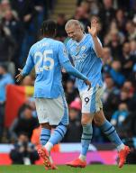 4th May 2024; Etihad Stadium, Manchester, England; Premier League Football, Manchester City versus Wolverhampton Wanderers; Erling Haaland of Manchester City celebrates after scoring his fourth goal for 4-1 after 56 minutes with team mate Manuel Akanji
