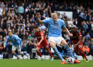 4th May 2024; Etihad Stadium, Manchester, England; Premier League Football, Manchester City versus Wolverhampton Wanderers; Erling Haaland of Manchester City completes his hat trick by scoring from the penalty spot after three minutes of added time in the first half