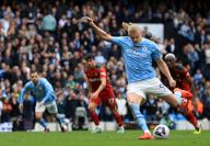 4th May 2024; Etihad Stadium, Manchester, England; Premier League Football, Manchester City versus Wolverhampton Wanderers; Erling Haaland of Manchester City completes his hat trick by scoring from the penalty spot after three minutes of added time in the first half