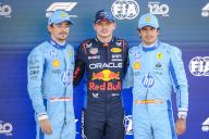 4th May 2024; Miami International Autodrome, Miami, Florida, USA; Formula 1 Crypto.com Miami Grand Prix 2024; Qualifying Day; From left, 2nd placed Scuderia Ferrari driver Charles Leclerc of Monaco, Pole winner Oracle Red Bull Racing driver Max Verstappen of the Netherlands and 3rd on pole Scuderia Ferrari driver Carlos Sainz Jr. of Spain pose after the qualifying session. Verstappen finished first, Leclerc second and Sainz finished in third place