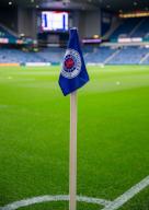 5th May 2024; Ibrox Stadium, Glasgow, Scotland; Scottish Premiership Football, Rangers versus Kilmarnock; Corner flag with club crest
