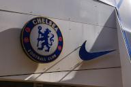 5th May 2024; Stamford Bridge, Chelsea, London, England: Premier League Football, Chelsea versus West Ham United; Chelsea crest next to Nike Logo outside the club