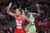 5th May 2024; Ken Rosewall Arena, Sydney, NSW, Australia: Suncorp Super Netball , New South Wales Swifts versus West Coast Fever; Sarah Klau of the NSW Swifts marks Jhaniele Fowler-Nembhard of the West Coast