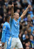 4th May 2024; Etihad Stadium, Manchester, England; Premier League Football, Manchester City versus Wolverhampton Wanderers; Erling Haaland of Manchester City celebrates after scoring his third goal after 3 minutes of added time at the end of the first half for 3-0