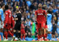 4th May 2024; Etihad Stadium, Manchester, England; Premier League Football, Manchester City versus Wolverhampton Wanderers; Mario Lemina of Wolverhampton Wanderers shows his dejection after a second penalty kick is awarded against his