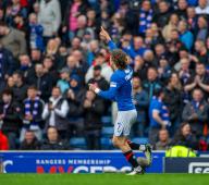 5th May 2024; Ibrox Stadium, Glasgow, Scotland; Scottish Premiership Football, Rangers versus Kilmarnock; Fabio Silva of Rangers celebrates raising his hand to the fans after he scored past Will Dennis of Kilmarnock in the 53rd minute of the first half to make it 1