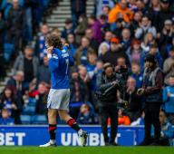 5th May 2024; Ibrox Stadium, Glasgow, Scotland; Scottish Premiership Football, Rangers versus Kilmarnock; Fabio Silva of Rangers celebrates by holding up his name on the shirt after he scored past Will Dennis of Kilmarnock in the 53rd minute of the first half to make it 1