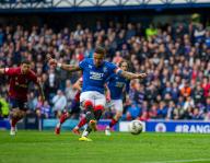 5th May 2024; Ibrox Stadium, Glasgow, Scotland; Scottish Premiership Football, Rangers versus Kilmarnock; James Tavernier of Rangers shoots from the penalty spot in the 22nd minute with his effort being saved by Will Dennis of