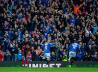 5th May 2024; Ibrox Stadium, Glasgow, Scotland; Scottish Premiership Football, Rangers versus Kilmarnock; Tom Lawrence of Rangers celebrates after he scored in the 71st minute to make it 3-1 to Rangers