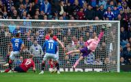 5th May 2024; Ibrox Stadium, Glasgow, Scotland; Scottish Premiership Football, Rangers versus Kilmarnock; Tom Lawrence of Rangers shoots and scores past goalie Dennis in the 71st minute to make it 3-1 to Rangers