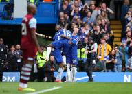 5th May 2024; Stamford Bridge, Chelsea, London, England: Premier League Football, Chelsea versus West Ham United; Nicolas Jackson of Chelsea celebrashoots with Cole Palmer and Noni Madueke of Chelsea after scoring his sides 4th goal in the 48th minute to make it 4