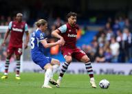 5th May 2024; Stamford Bridge, Chelsea, London, England: Premier League Football, Chelsea versus West Ham United; Lucas Paqueta of West Ham United challenged by Conor Gallagher of
