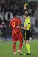 5th May 2024, Stadio Olimpico, Rome, Italy; Serie A Football; Roma versus Juventus; Referee Andrea Colombo shows the yellow card to Tammy Abraham of AS