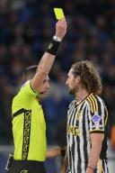 5th May 2024, Stadio Olimpico, Rome, Italy; Serie A Football; Roma versus Juventus; Referee Andrea Colombo shows the yellow card to Rabiot of