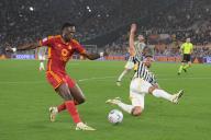 5th May 2024, Stadio Olimpico, Rome, Italy; Serie A Football; Roma versus Juventus; Tammy Abraham of AS Roma crosses into the Juve box past Danilo of FC