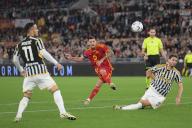 5th May 2024, Stadio Olimpico, Rome, Italy; Serie A Football; Roma versus Juventus; Lorenzo Pellegrini of AS Roma shoots past Manuel Locatelli of FC