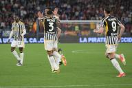 5th May 2024, Stadio Olimpico, Rome, Italy; Serie A Football; Roma versus Juventus; Bremer of FC Juventus jubilates with Danilo of FC Juventus after scoring the goal for 1-1 in the 31st