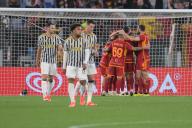 5th May 2024, Stadio Olimpico, Rome, Italy; Serie A Football; Roma versus Juventus; Roma\'s players jubilates after scoring the goal for 1-0 in the 15th