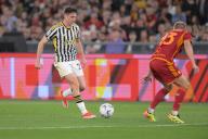 5th May 2024, Stadio Olimpico, Rome, Italy; Serie A Football; Roma versus Juventus; Andrea Cambiaso of FC Juventus ntakes on Kristensen of