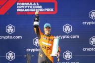 5th May 2024; Miami International Autodrome, Miami, Florida, USA; Formula 1 Crypto.com Miami Grand Prix 2024; Race Day; McLaren driver Lando Norris of the United Kingdom holds the trophy as he celebrates on the podium after finishing in first place