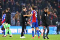 6th May 2024; Selhurst Park, Selhurst, London, England; Premier League Football, Crystal Palace versus Manchester United; Crystal Palace manager Oliver Glasner shakes hands with Joachim Andersen of Crystal Palace after the match