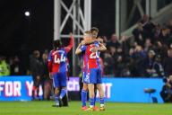 6th May 2024; Selhurst Park, Selhurst, London, England; Premier League Football, Crystal Palace versus Manchester United; Adam Wharton and Joachim Andersen of Crystal Palace embrace in celebration after the match