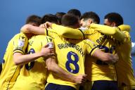 8th May 2024; Weston Homes Stadium, Peterborough, Cambridgeshire, England; League One Play Off Semi Final, Second Leg Football, Peterborough United versus Oxford United; Cameron Brannagan of Oxford United celebrates with team mates after he scores for 1