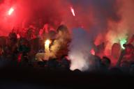 10th May 2024; Stade Geoffroy Guichard, Saint-Etienne, France; French League 2 football, AS Saint-Etienne versus Rodez; Fans light flares in the