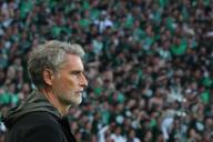 10th May 2024; Stade Geoffroy Guichard, Saint-Etienne, France; French League 2 football, AS Saint-Etienne versus Rodez; Saint-Etienne Trainer Olivier DallâOglio in front of the Magic Fans