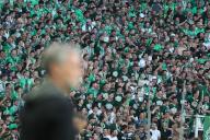 10th May 2024; Stade Geoffroy Guichard, Saint-Etienne, France; French League 2 football, AS Saint-Etienne versus Rodez; Saint-Etienne Trainer Olivier DallâOglio in front of the Magic Fans
