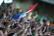 10th May 2024; Stade Geoffroy Guichard, Saint-Etienne, France; French League 2 football, AS Saint-Etienne versus Rodez; ASSE fans with a French