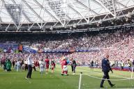 11th May 2024; London Stadium, London, England; Premier League Football, West Ham United versus Luton Town; West Ham United Manager David Moyes thanks the fans on his lap of