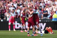 11th May 2024; London Stadium, London, England; Premier League Football, West Ham United versus Luton Town; George Earthy of West Ham United celebrates the 3-1 win with Kaelan