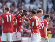 11th May 2024; The City Ground, Nottingham, England; Premier League Football, Nottingham Forest versus Chelsea; Willy Boly and Morgan Gibbs-White of Nottingham Forest celebrate his goal in the 16th minute for 1