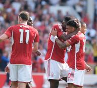 11th May 2024; The City Ground, Nottingham, England; Premier League Football, Nottingham Forest versus Chelsea; Willy Boly and Morgan Gibbs-White of Nottingham Forest celebrate his goal in the 16th minute for 1