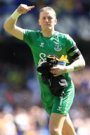 11th May 2024; Goodison Park, Liverpool, England; Premier League Football, Everton versus Sheffield United; Everton goalkeeper Jordan Pickford salutes supporters at the Gwladys Street