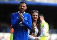 11th May 2024; Goodison Park, Liverpool, England; Premier League Football, Everton versus Sheffield United; Dwight McNeil of Everton returns applause from the Gwladys Street supporters during the lap of honour