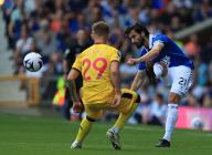 11th May 2024; Goodison Park, Liverpool, England; Premier League Football, Everton versus Sheffield United; Andre Gomes of Everton passes the ball under pressure from Sam Curtis of Sheffield
