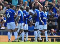 11th May 2024; Goodison Park, Liverpool, England; Premier League Football, Everton versus Sheffield United; Abdoulaye Doucoure of Everton celebrates with his team mates after his opening goal after 31