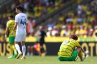 12th May 2024; Carrow Road, Norwich, Norfolk, England; EFL Championship Play Off Football, Semi Final, First Leg, Norwich City versus Leeds United; Josh Sargent of Norwich City goes down