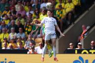 12th May 2024; Carrow Road, Norwich, Norfolk, England; EFL Championship Play Off Football, Semi Final, First Leg, Norwich City versus Leeds United; Sam McCallum of Norwich City competes for the ball with Sam Byram of Leeds
